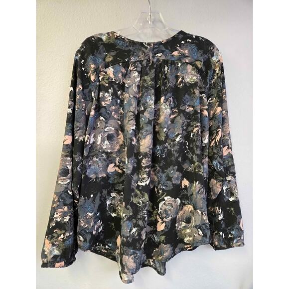 Xhilaration Large Floral Blouse Top Dark Black Chiffon Long Sleeve Zip Front - Picture 4 of 4